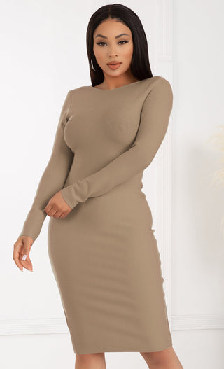 I'm Leading Brown Mesh Long Sleeve Sweetheart Neck Ruched Bodycon Midi Dress