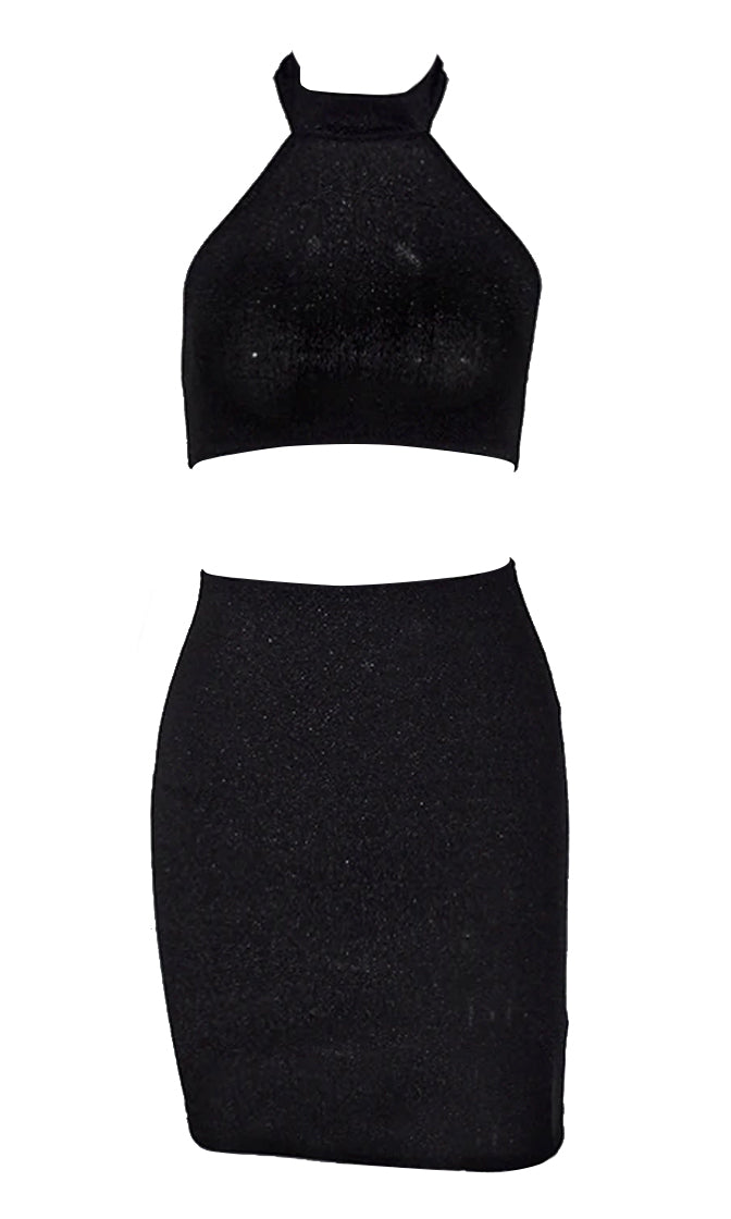 After Dinner Sparkle Sleeveless Mock Neck Halter Crop Top Bodycon Two ...