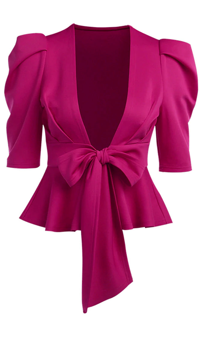 Controlling Forces Fuchsia Pink Elbow Sleeve Plunge V Neck Tie Waist F ...