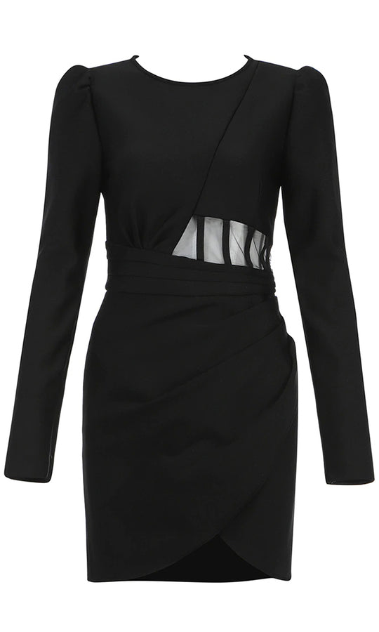 Overnight Fame Long Sleeve Ruched Shoulder Pad V Neck Wrap Asymmetrical Hem  Bodycon Mini Dress