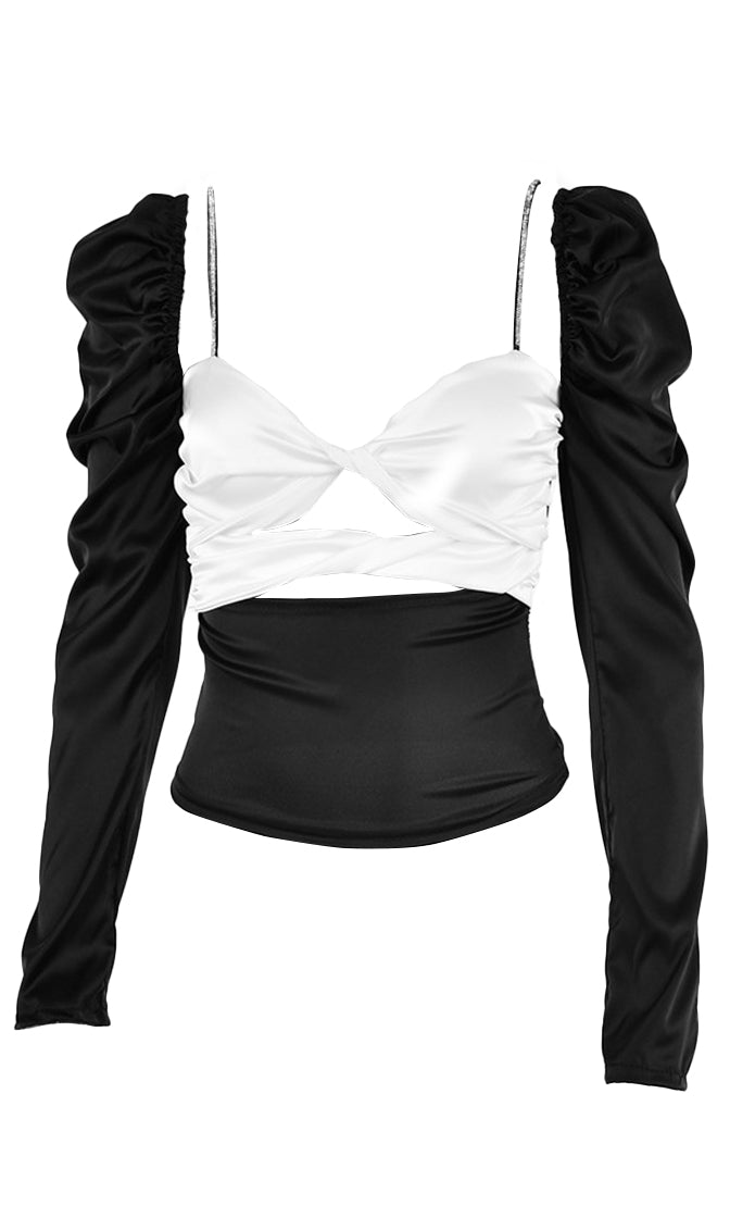 Break It Up Satin Long Sleeve Puff Shoulder V Neck Twist Cut Out Bust ...