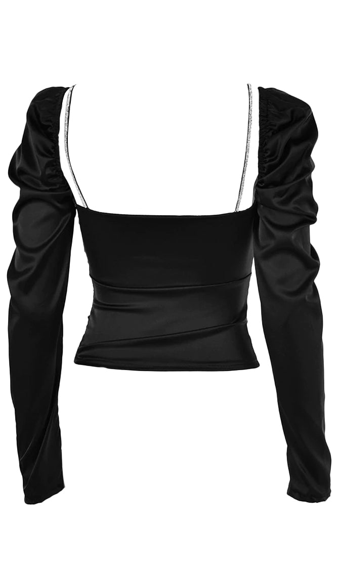 Break It Up Satin Long Sleeve Puff Shoulder V Neck Twist Cut Out Bust ...