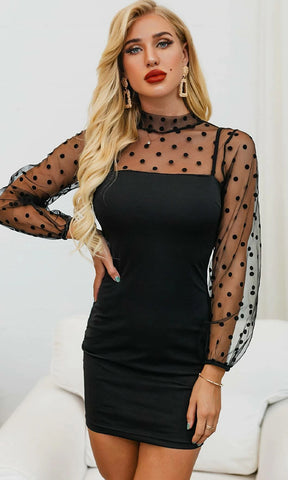 black dress with sheer polka dot sleeve