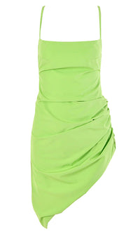 One More Second Sleeveless Spaghetti Strap Backless Square Neck Ruched Asymmetric Mini Dress