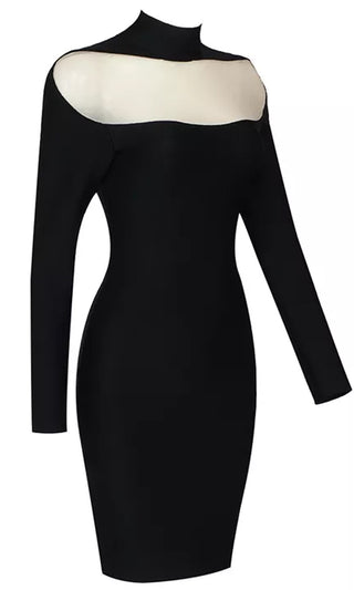 Hard To Believe Black Satin Mesh Long Sleeve Cut Out Metal Padded Bra Cup  Bodycon Mini Dress