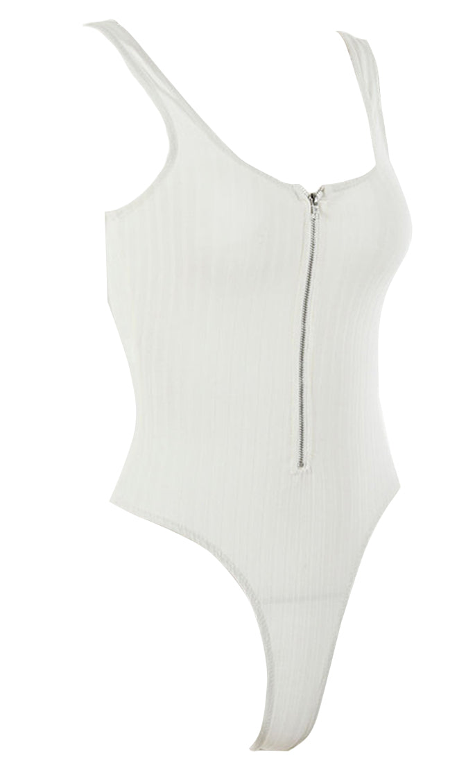 Let S Get Lost Ribbed Sleeveless Scoop Neck Front Zip Bodysuit Top 3 Indie Xo