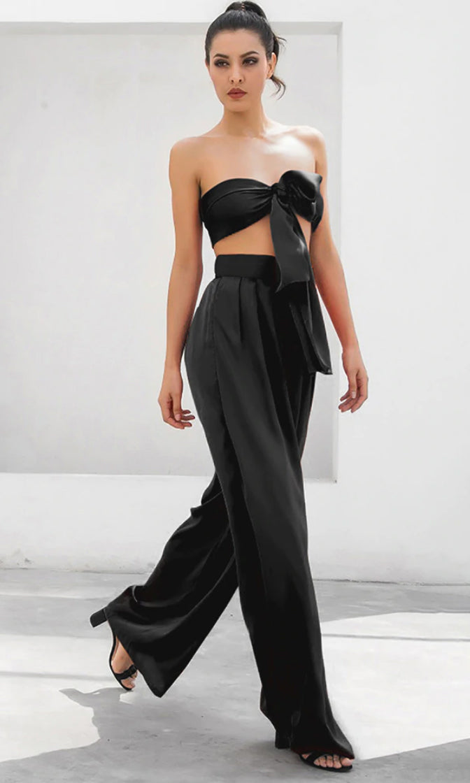 Indie XO In The Lead Black Silky Strapless Tie Front High Waist Palazz