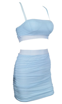 Barely There Light Blue Sleeveless Spaghetti Strap Crop Top Ruched Bodycon Mini Skirt Two Piece Dress - Sold Out