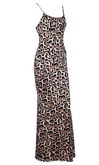 Animal Attraction, Blue Leopard Animal Pattern Sleeveless Plunge V Neck  Backless Halter Side Slit A Line Chiffon Maxi Dress