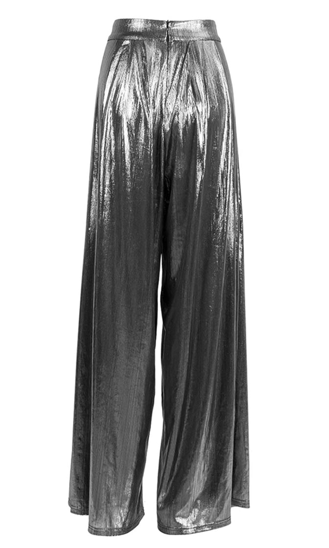 High Society Silver Loose High Waisted Lamé Metallic Pleated Palazzo T ...