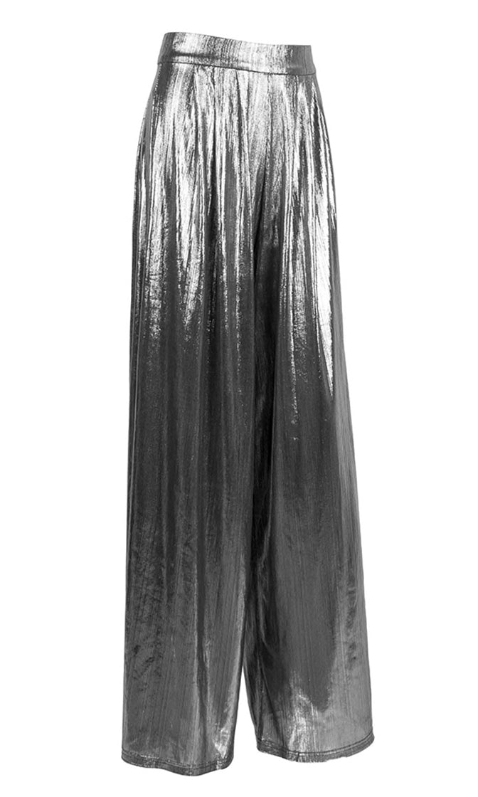 High Society Silver Loose High Waisted Lamé Metallic Pleated Palazzo T ...