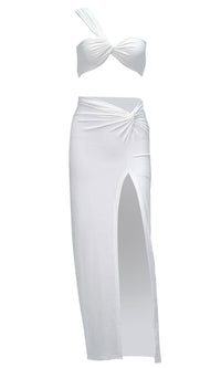 Private Yacht Party White Sleeveless One Shoulder Twist Crop Top Side Slit Bodycon Maxi Skirt Two Piece Dress