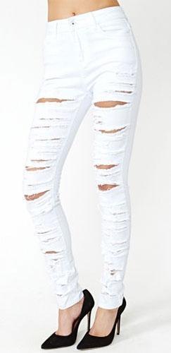 White Destroyed Ripped High Waist Stretch Skinny Pencil Jeans Denim Pa ...