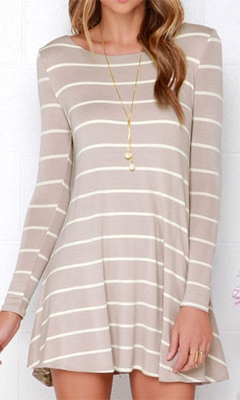 Easy Going Beige White Horizontal Stripe Long Sleeve Scoop Neck Skater ...