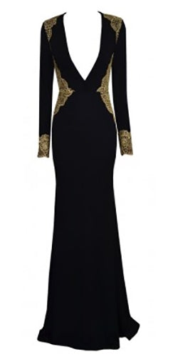 Black Gold Long Sleeve Plunge V Neck Embroidered Accent Bodycon Maxi D ...