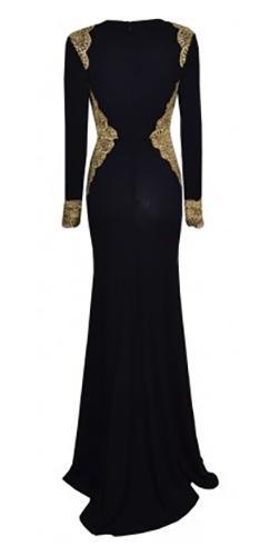 Black Gold Long Sleeve Plunge V Neck Embroidered Accent Bodycon Maxi D ...