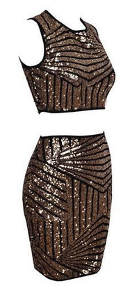 Black Gold Sequin Geometric Sleeveless Scoop Neck Crop Top Bodycon Midi Skirt Two Piece Dress - Sold Out
