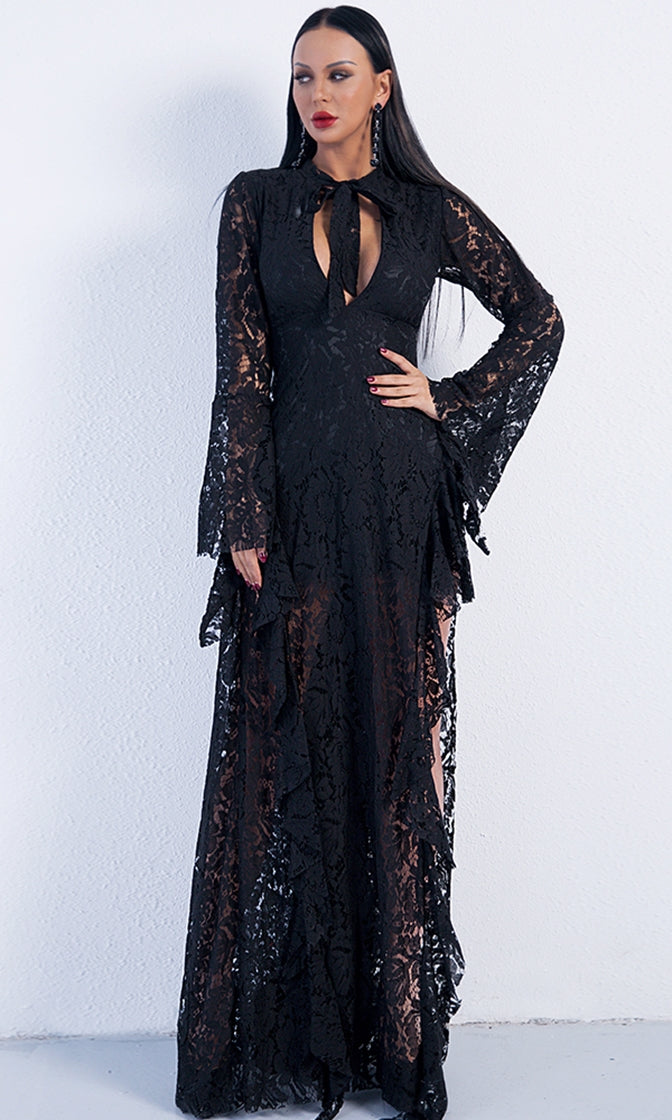 long black bell sleeve dress