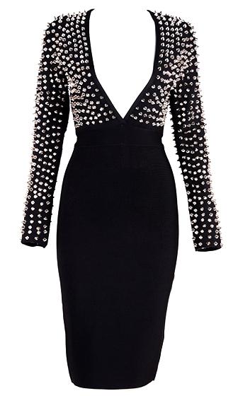 Point Blank Black Silver Spike Stud Long Sleeve Plunge V Neck Bodycon ...