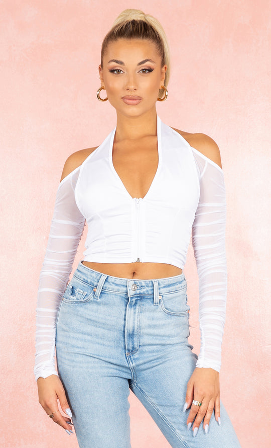 Indie XO | Riding My Coat Tails White Long Sleeve Plunge V Neck Hook and Eye Crop Top, XS / Black | Womens