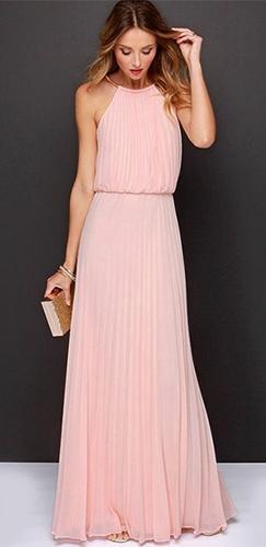 Pink Sleeveless Scoop Neck Halter Pleated Elastic Waist Loose Maxi Dress - Sold Out