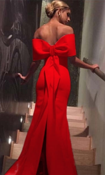 Dress You Up Red Short Sleeve Off The Shoulder Bow Back Slit Maxi Dres Indie Xo 4534