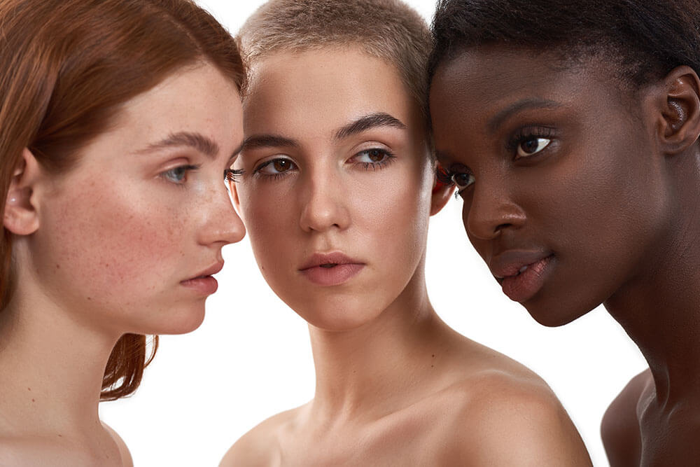 3 women with different Fitzpatrick skin types
