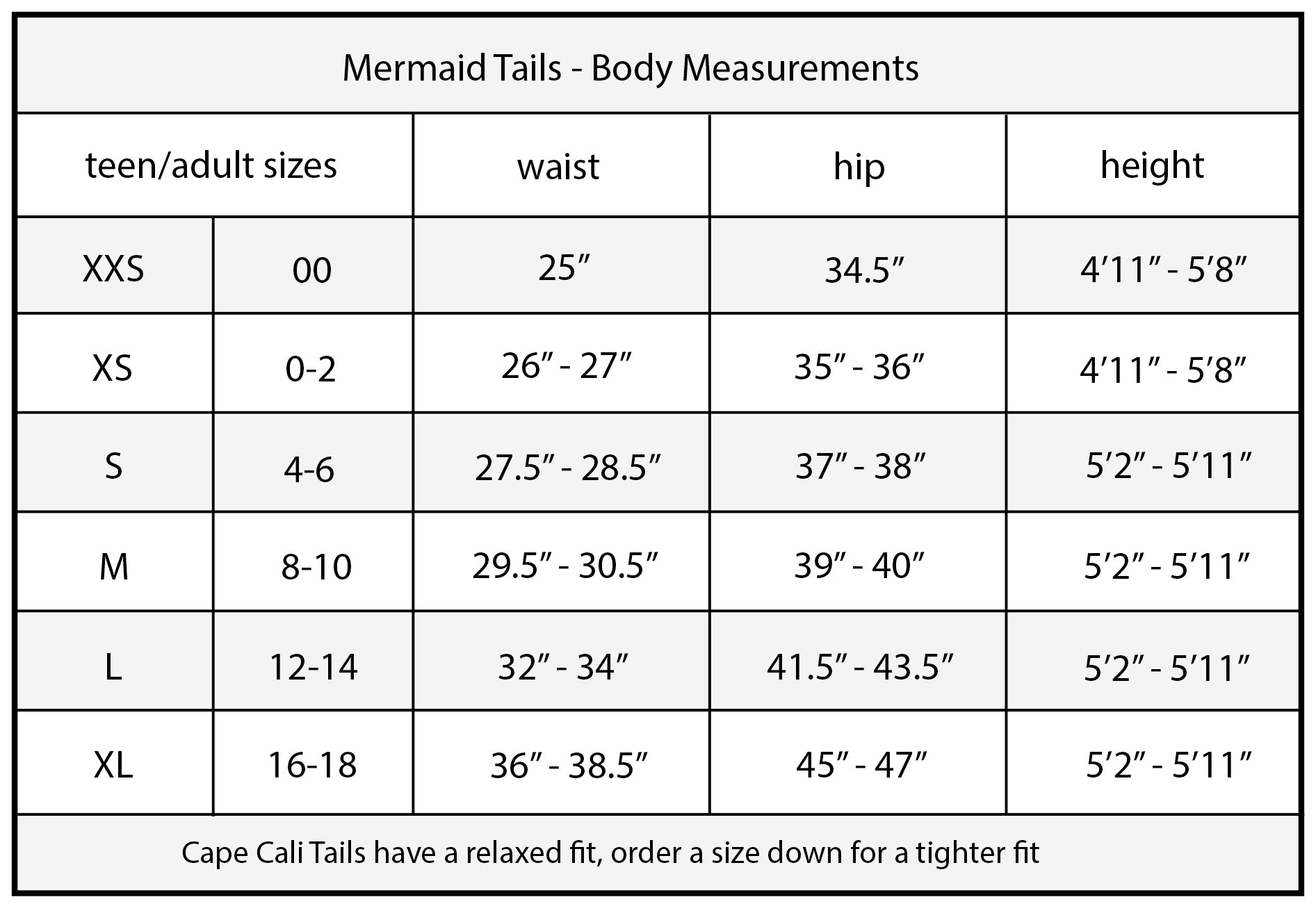 Cape Size Chart