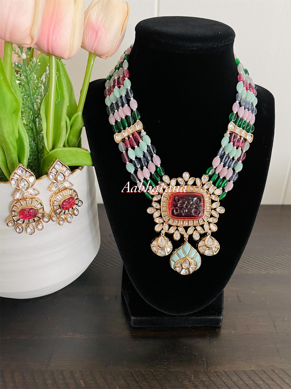 Kundan multi bead necklace set