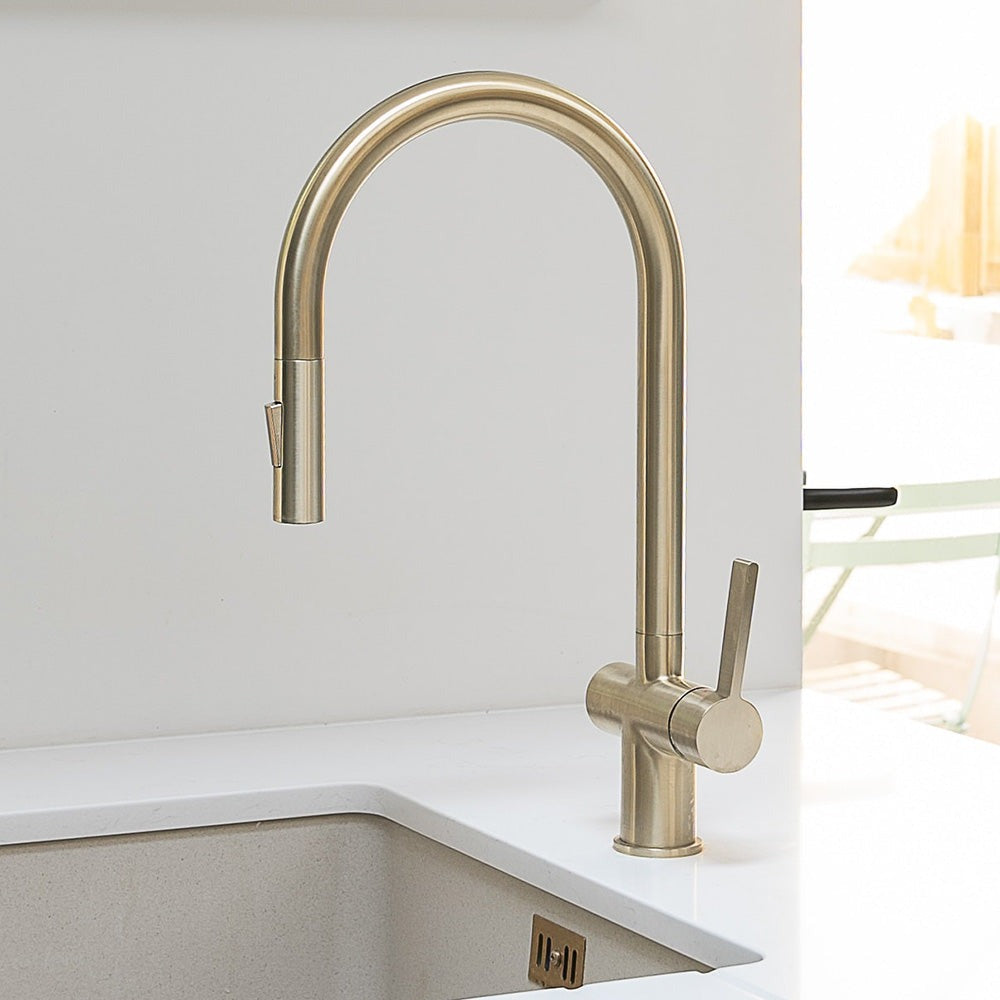 Brushed Gold Kitchen Tap with Pull Out Spray and Swivel Spout