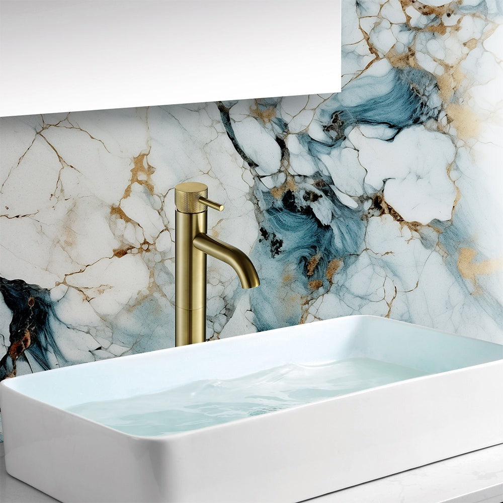 Gold Tall Basin Mixer Tap with Designer Handle - Brushed Brass