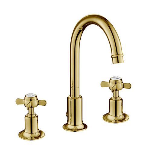 Traditional Chester Pinch 3 Hole Gold Basin Mixer Taps with a Centrally Curved Spout and two Ceramic Temperature