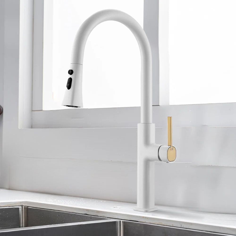 White Pull Out Kitchen Mixer Tap with Swivel Spout