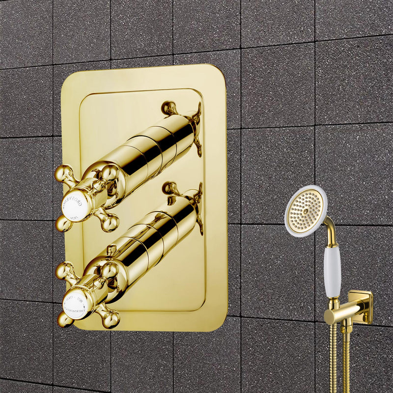 Chester Gold Cross Thermostatic Concealed 2 Outlet Shower Valve, Vertical MP 0.5