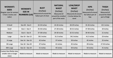 Womans USA Regular Size Chart