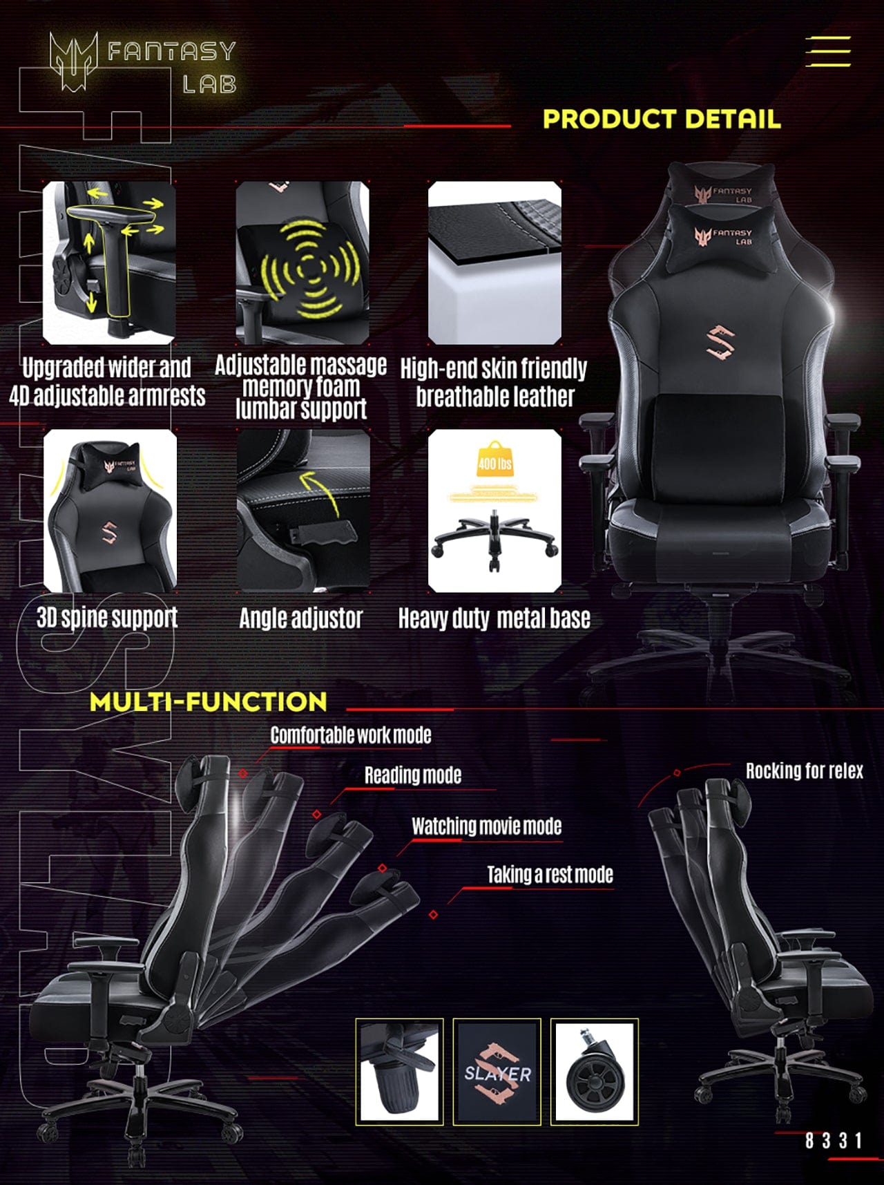 FANTASYLAB BIG AND TALL GAMING CHAIR 8331 GRAY FEATURES
