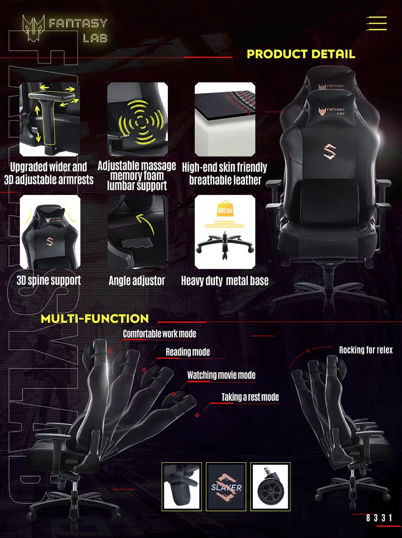 FANTASYLAB BLACK GAMING CHAIR WITH MASSAGE LUMBAR SUPPORT 8331 SERIES MULTIFUNCTIONAL COMPUTER GAMING CHAIR