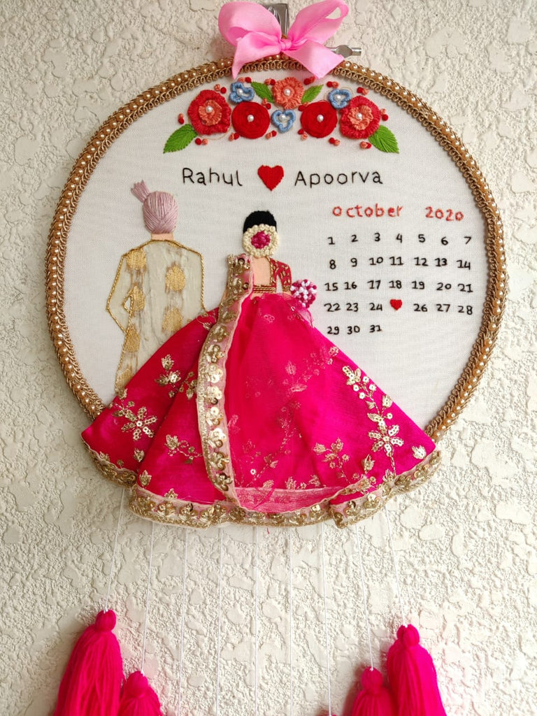 Customizable Bride & Groom Calendar Embroidered Hoop with Tassels