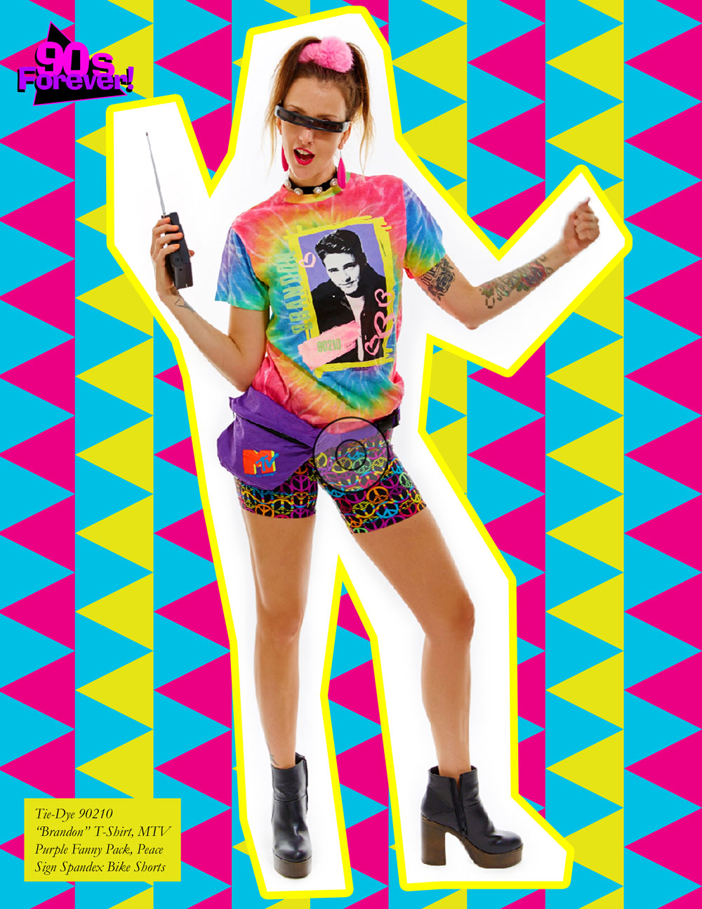 90s Forever Retro Vintage Fashion Apparel Lookbook - Tye-Dye 90210 Brandon T Shirt with MTV Fanny Pack