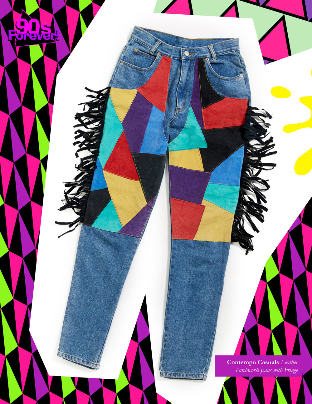 90s Forever Retro Vintage Fashion Apparel Lookbook - Contempo Casuals Leather Patchwork Jeans with Fringe