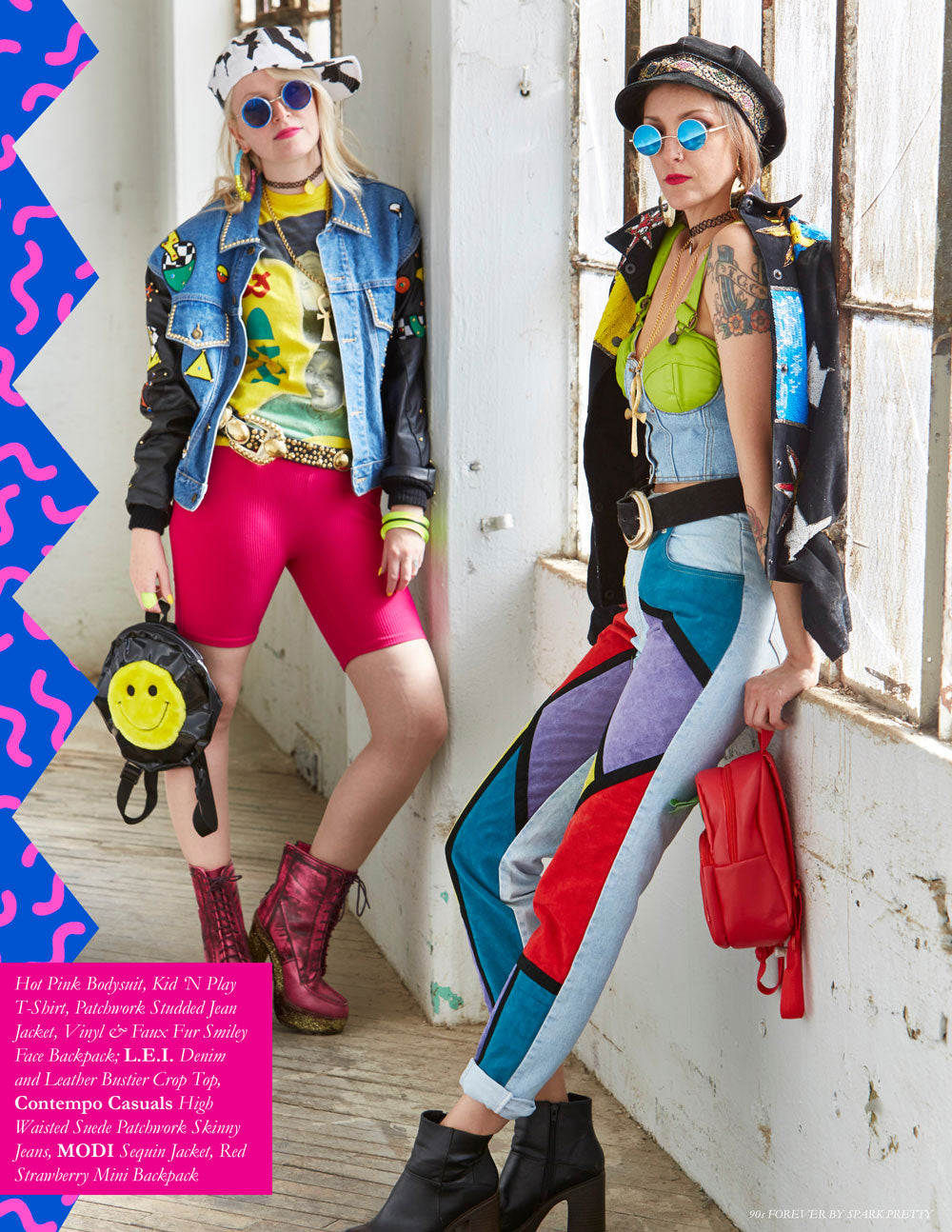 90s Forever Retro Vintage Fashion Apparel Lookbook - Hot Pink Bodysuit, Kid ‘N Play T-Shirt, Patchwork Studded Jean Jacket, Vinyl &amp; Faux Fur Smiley Face Backpack; L.E.I. Denim and Leather Bustier Crop Top, Contempo Casuals High Waisted Suede Patchwork Skinny Jeans, MODI Sequin Jacket, Red Strawberry Mini Backpack