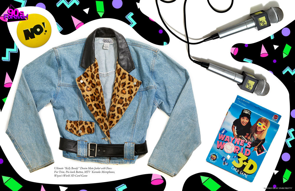 90s Forever Retro Vintage Fashion Apparel Lookbook - Kelly Bundy Denim Moto Jacket with Faux Fur Trim, Pin-back Button, MTV Karaoke Microphone, Wayne’s World 3D Card Game