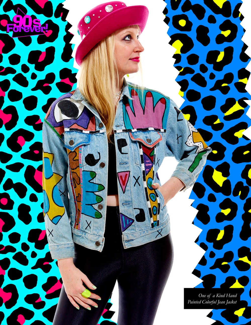 90s Forever Retro Vintage Fashion Apparel Lookbook - One of a Kind Hand Painted Colorful Jean Jacket