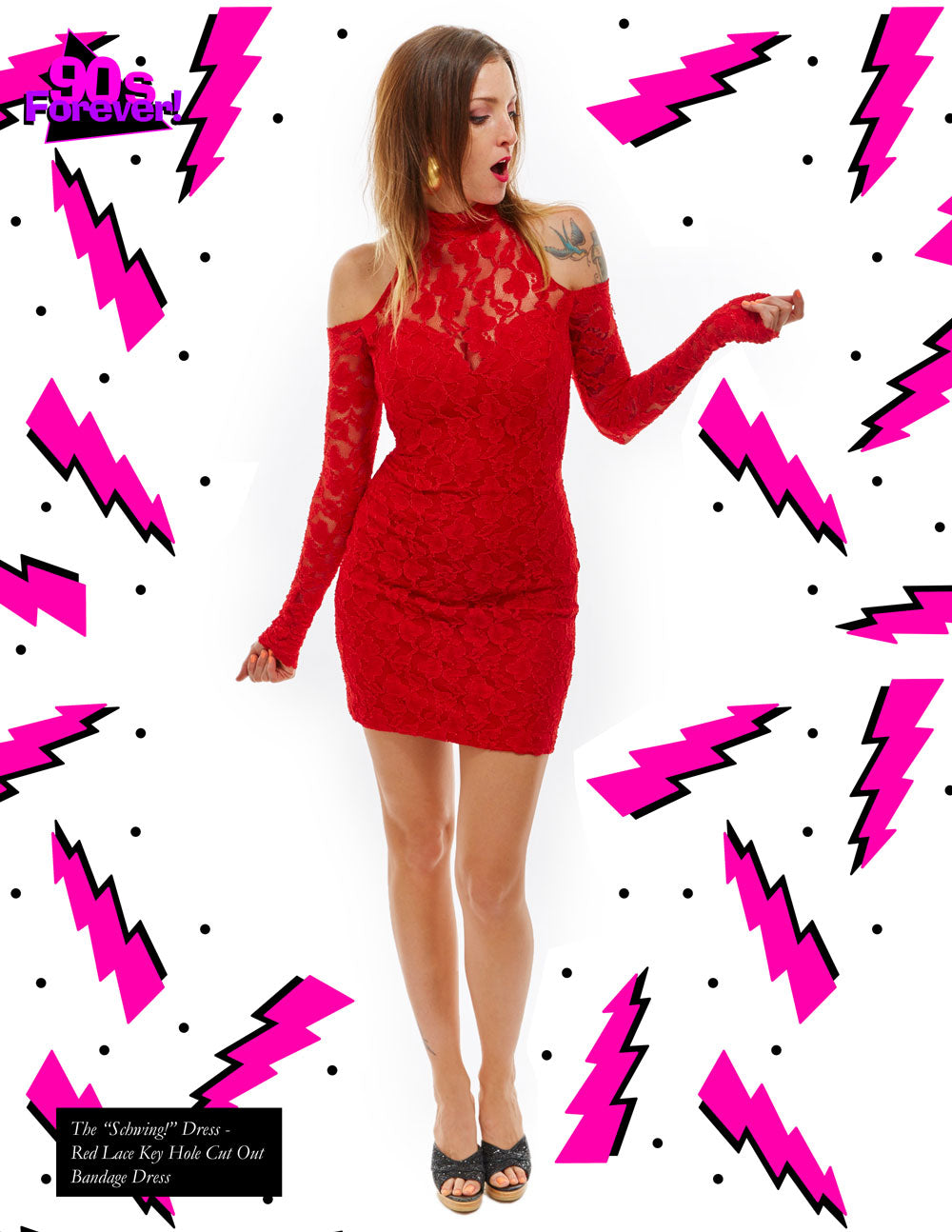 90s Forever Retro Vintage Fashion Apparel Lookbook - Red Lace Keyhole Cutout Dress