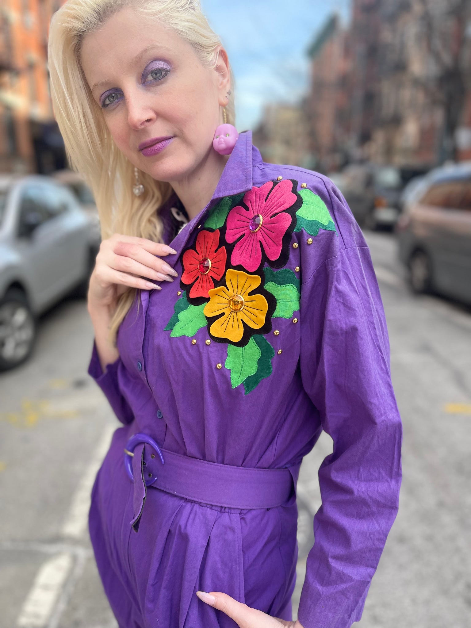 purple 80s jumpsuit