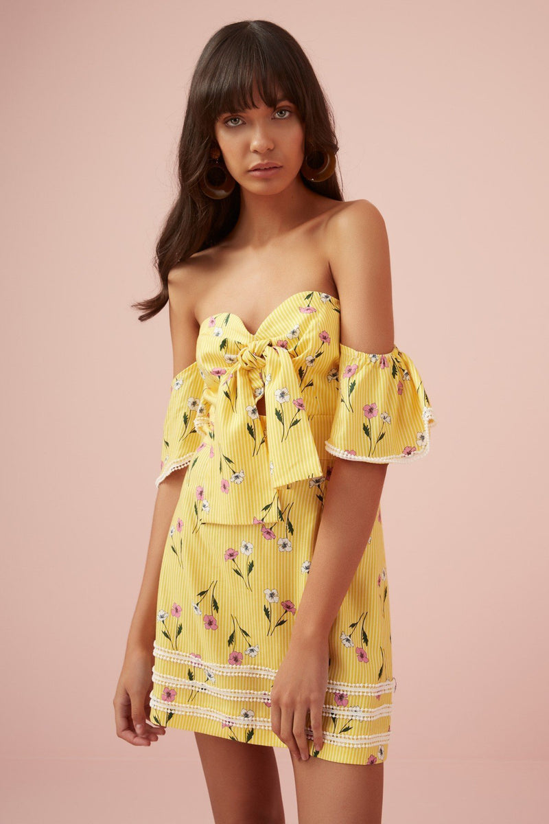 yellow strapless mini dress