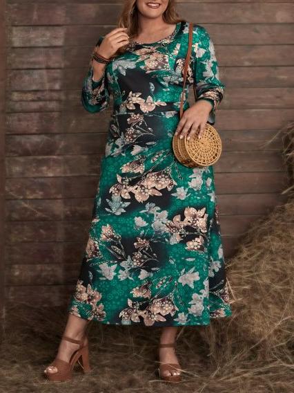 Style In This Simple Plus Size Floral Print High Waist Casual Dress