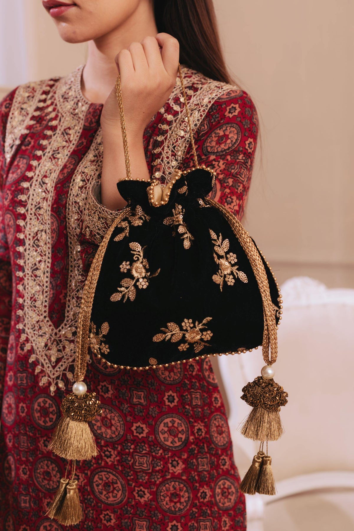 Buy Black Velvet Embroidered Potli Bags Online in India - The AMYRA Store