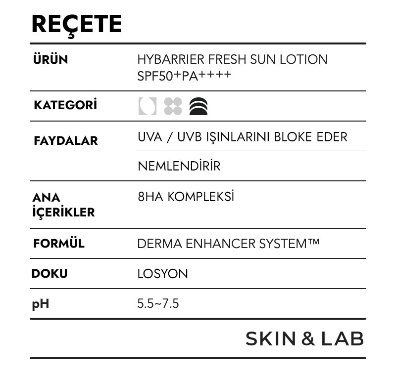 8 farklı moleküler ağırlığa sahip hiyalüronik asit içeren, nemlendirici, nem tutucu, yeni nesil koruma filtreleriyle geliştirilen güneş koruyucu losyon. Kimyasal yeni nesil koruma filtreleri, SPF50+ PA++++ . Skin&Lab Fre-C Sun Lotion Yenilenmiş versiyonu Hybarrier Fresh Sun Lotion