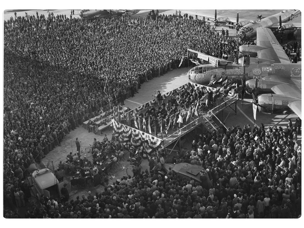 1000th B-29 delivery ceremony at Boeing Wichita plant in February 1945